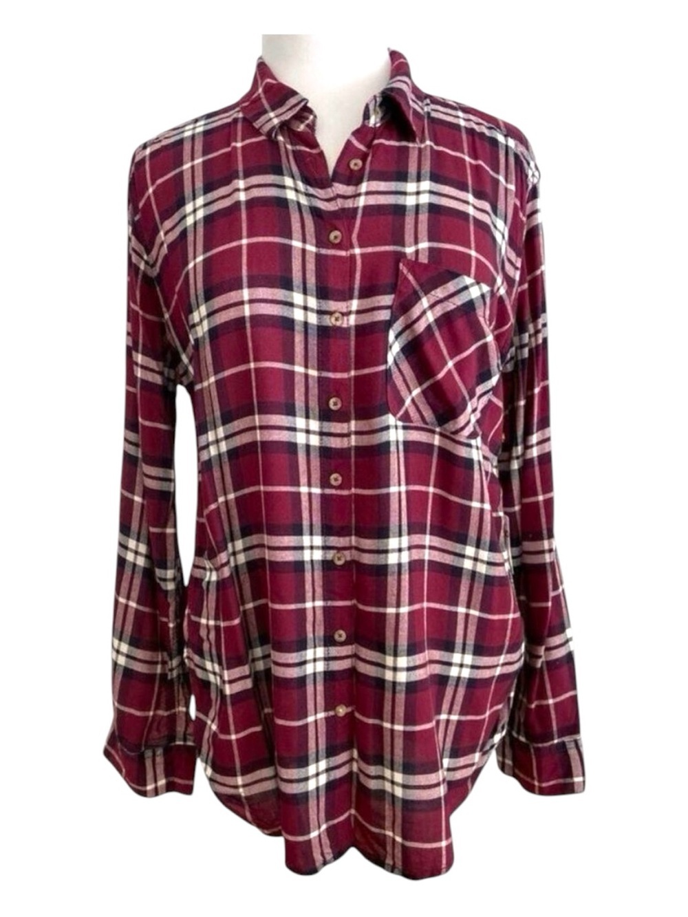 NWT Boyfriend plaid red black white button shirt long sleeve rayonne small
